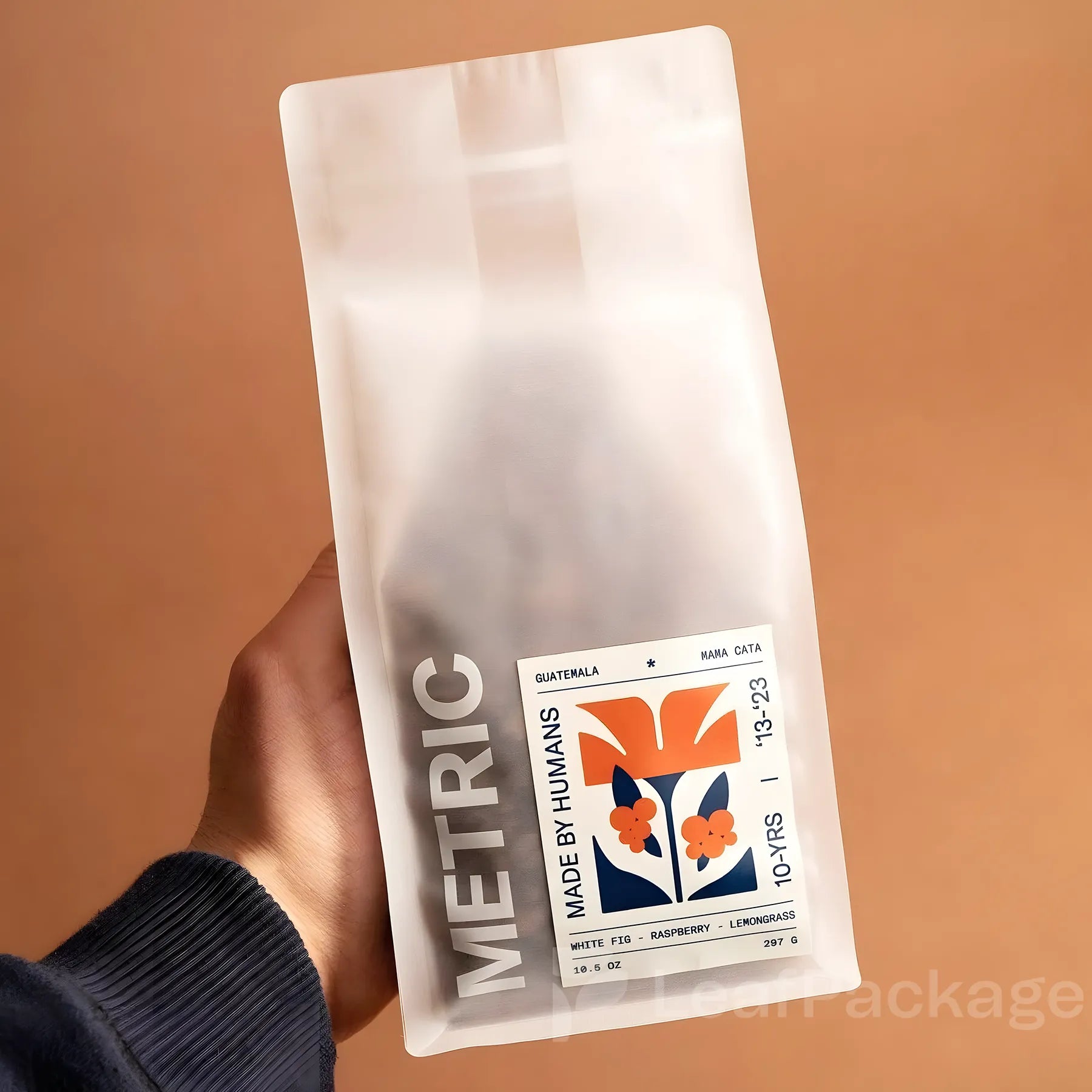 Durable matte finish coffee pouches with resealable zipper, customizable in logo and size, ideal for specialty coffee shops and wholesale packaging.