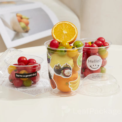 Durable wide-mouth PLA cups ideal for smoothies, juices, and fresh fruit. Great sustainable option for small batch customization.