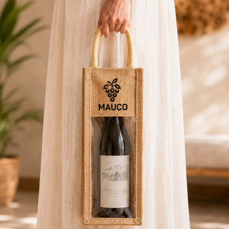Custom Clear Front 1 Wine Bottle Jute Totes