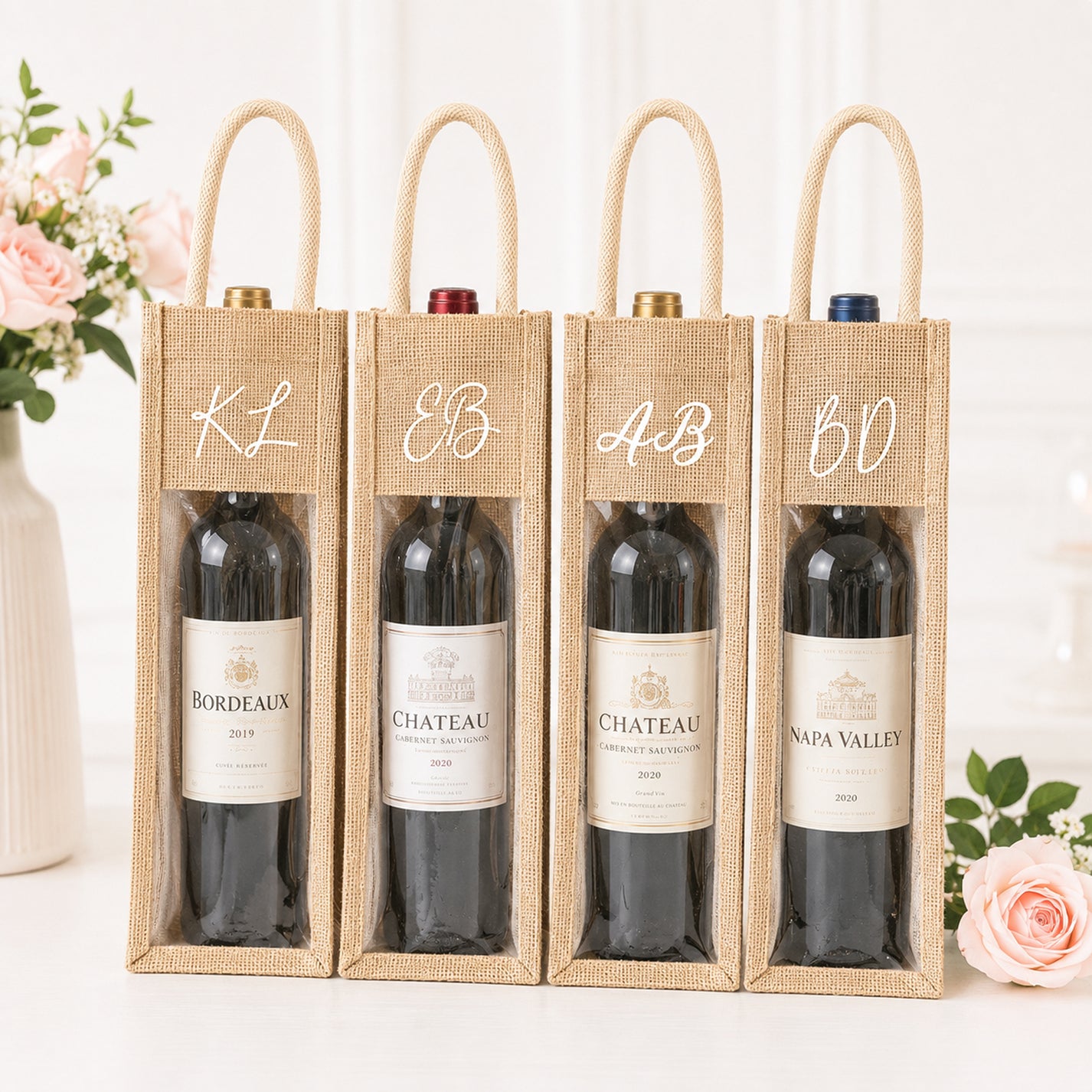 Custom Clear Front 1 Wine Bottle Jute Totes