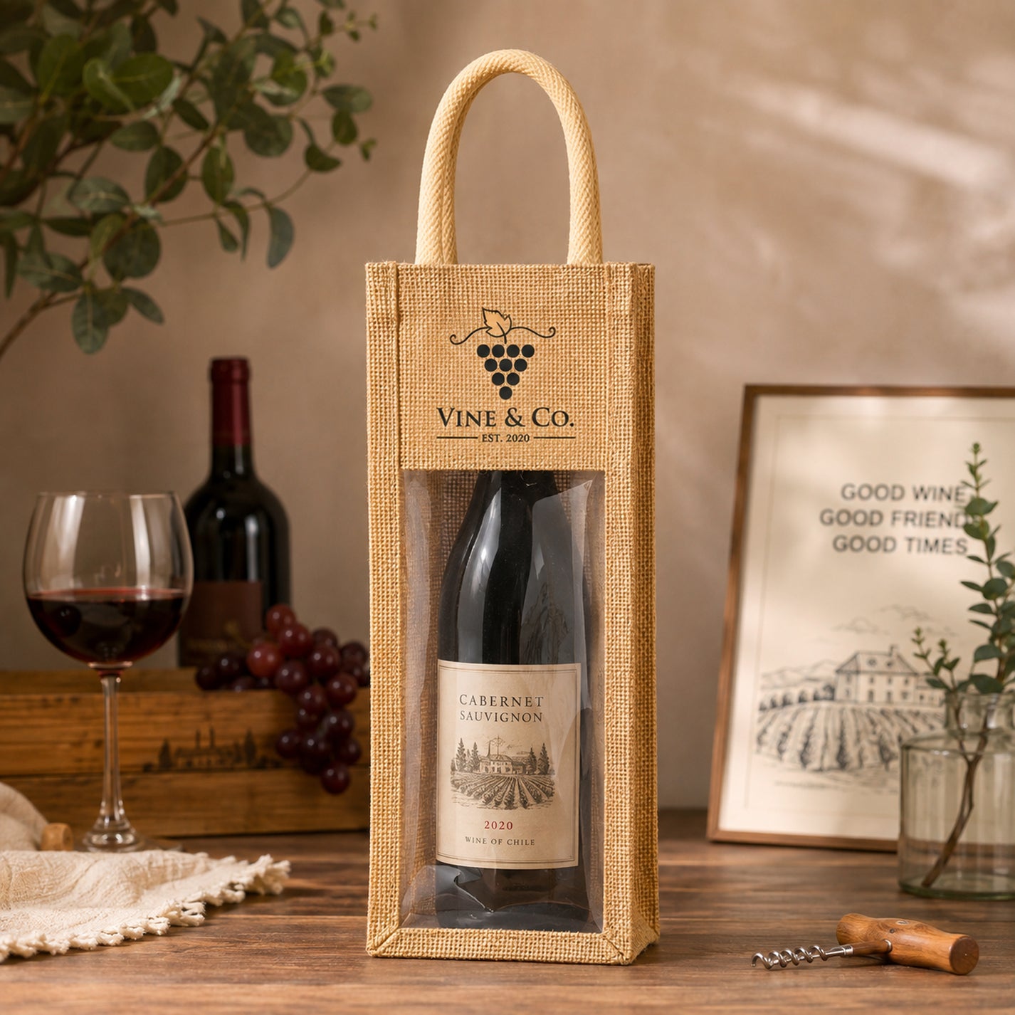 Custom Clear Front 1 Wine Bottle Jute Totes