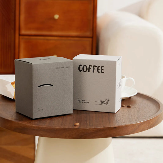 Recyclable coffee packaging boxes designed for small coffee packs, supporting low minimum orders and tailored eco-friendly packaging for cafes and brands