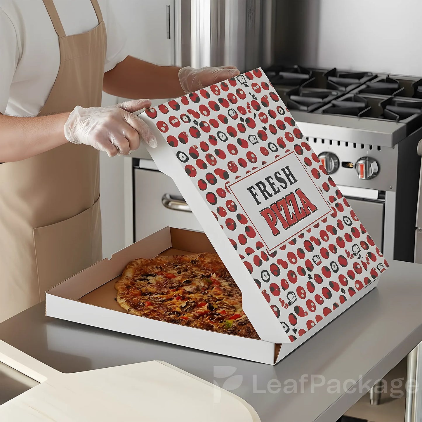  Eco-friendly and fully recyclable pizza box, customizable for small businesses, combining durability, style, and sustainability.
