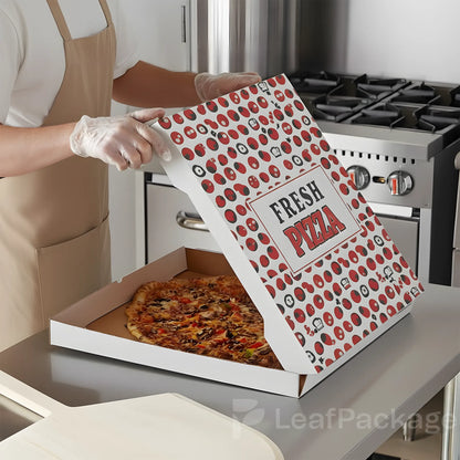  Eco-friendly and fully recyclable pizza box, customizable for small businesses, combining durability, style, and sustainability.