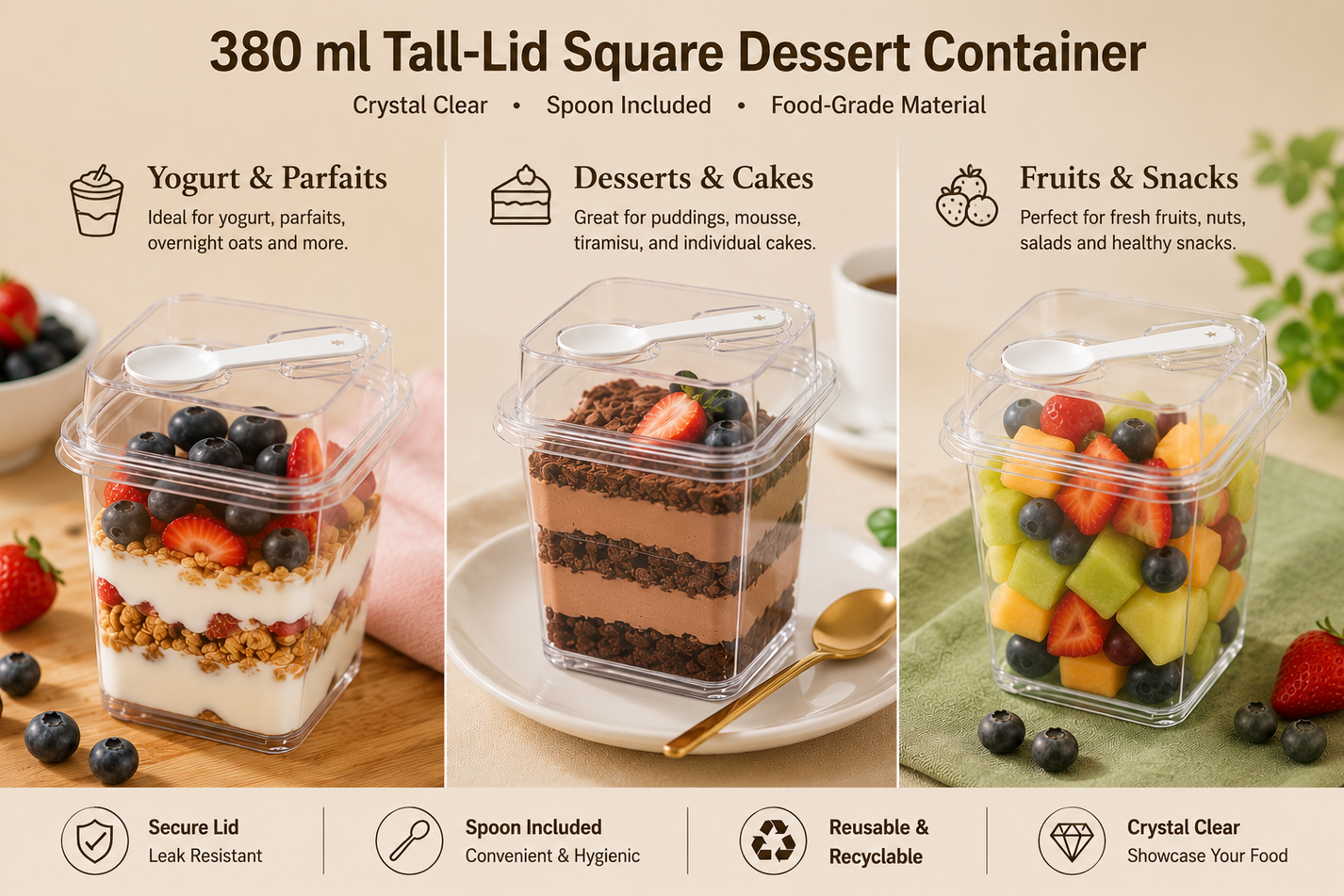 Custom Clear Square Dessert Containers with Tall Lid and Spoon