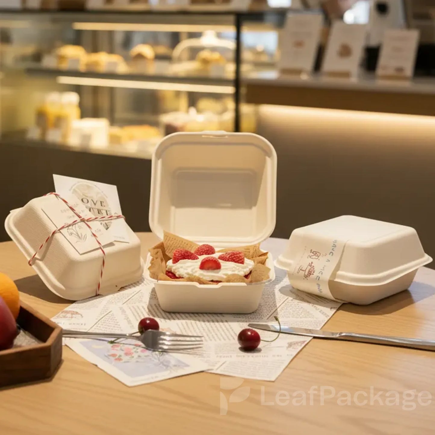 100% compostable and grease-resistant sugarcane fiber clamshell packaging, perfect for burgers, salads, and eco takeout meals.