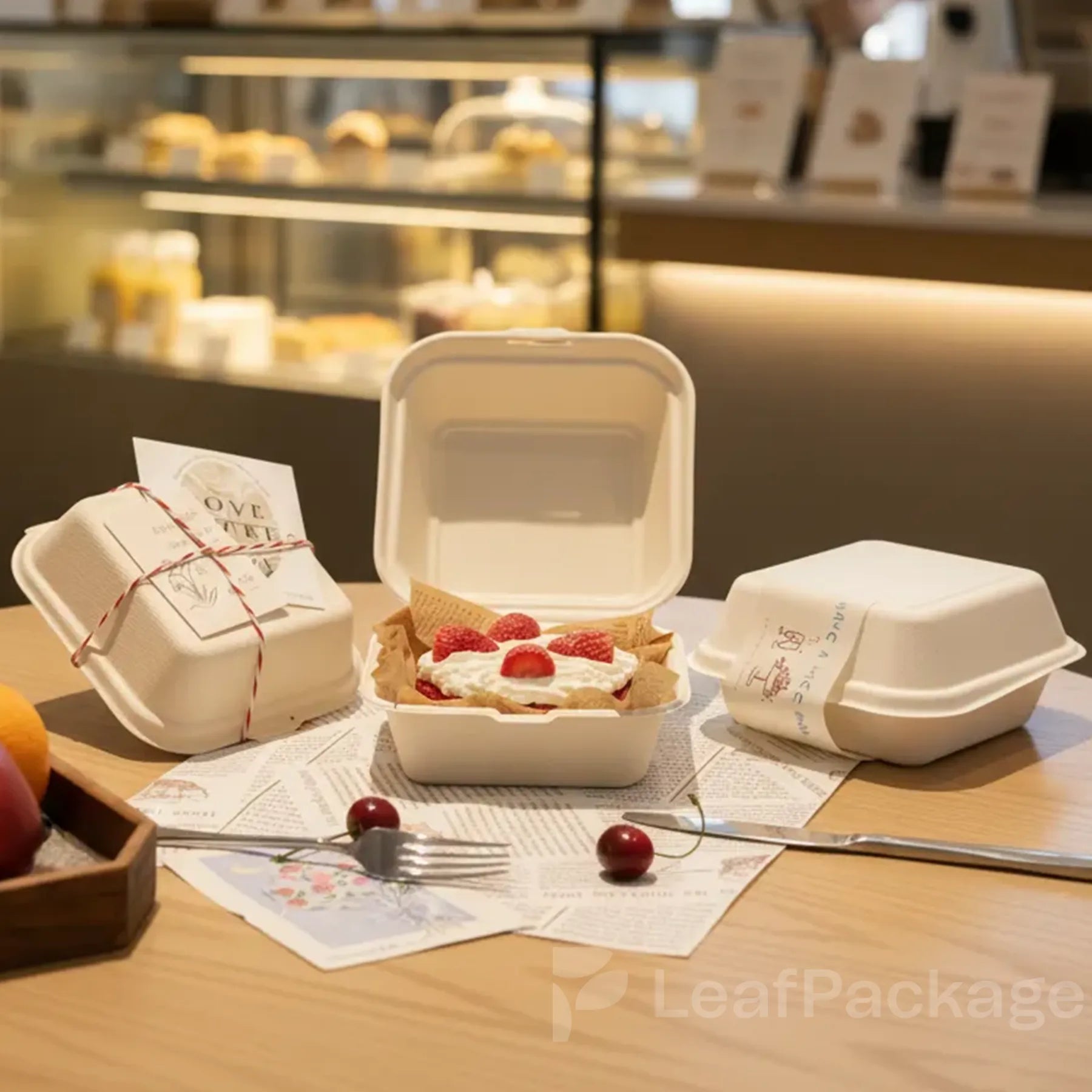 100% compostable and grease-resistant sugarcane fiber clamshell packaging, perfect for burgers, salads, and eco takeout meals.