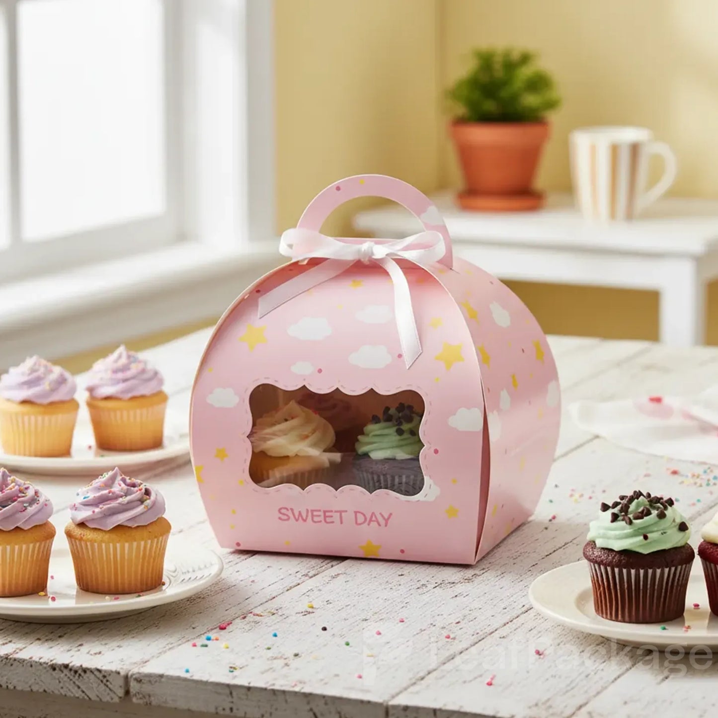 Eco-friendly tulip-shaped cake box with clear window, perfect for showcasing donuts, mousse cakes, and cake rolls, customizable for small businesses.