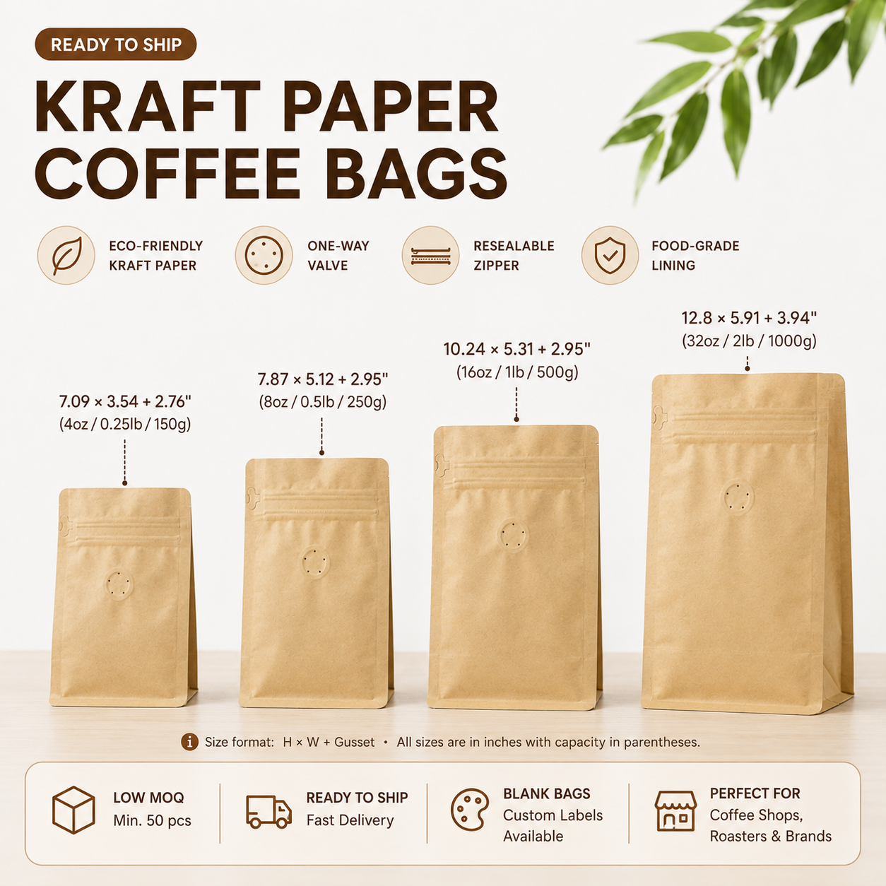 Ready-to-Ship Blank Kraft Coffee Bags – Valve & Zipper Options