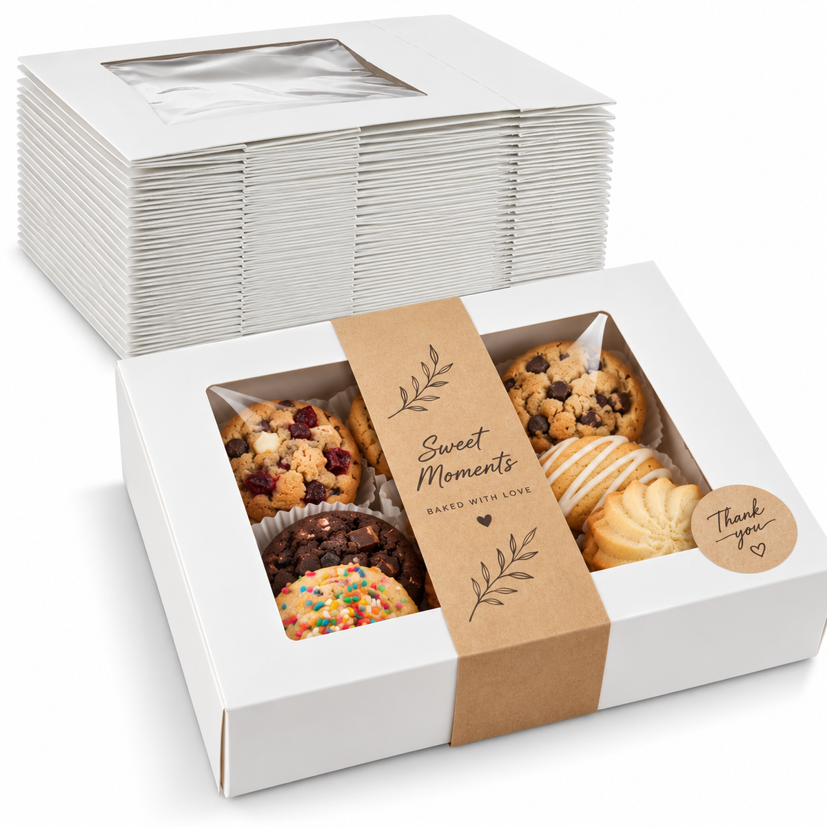 Kraft Cookie Boxes Auto Pop-Up Bakery Boxes with Window 8" x 8" x 2.5"