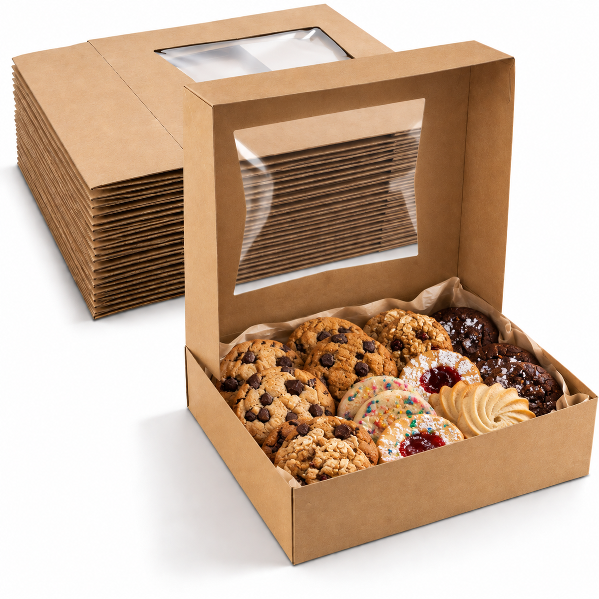 Kraft Cookie Boxes Auto Pop-Up Bakery Boxes with Window 8" x 8" x 2.5"