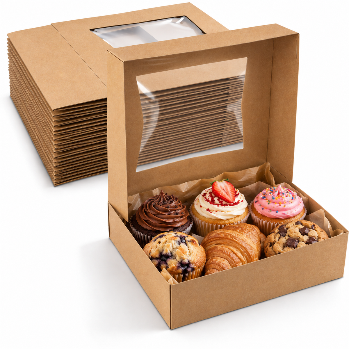 Kraft Cookie Boxes Auto Pop-Up Bakery Boxes with Window 8" x 8" x 2.5"