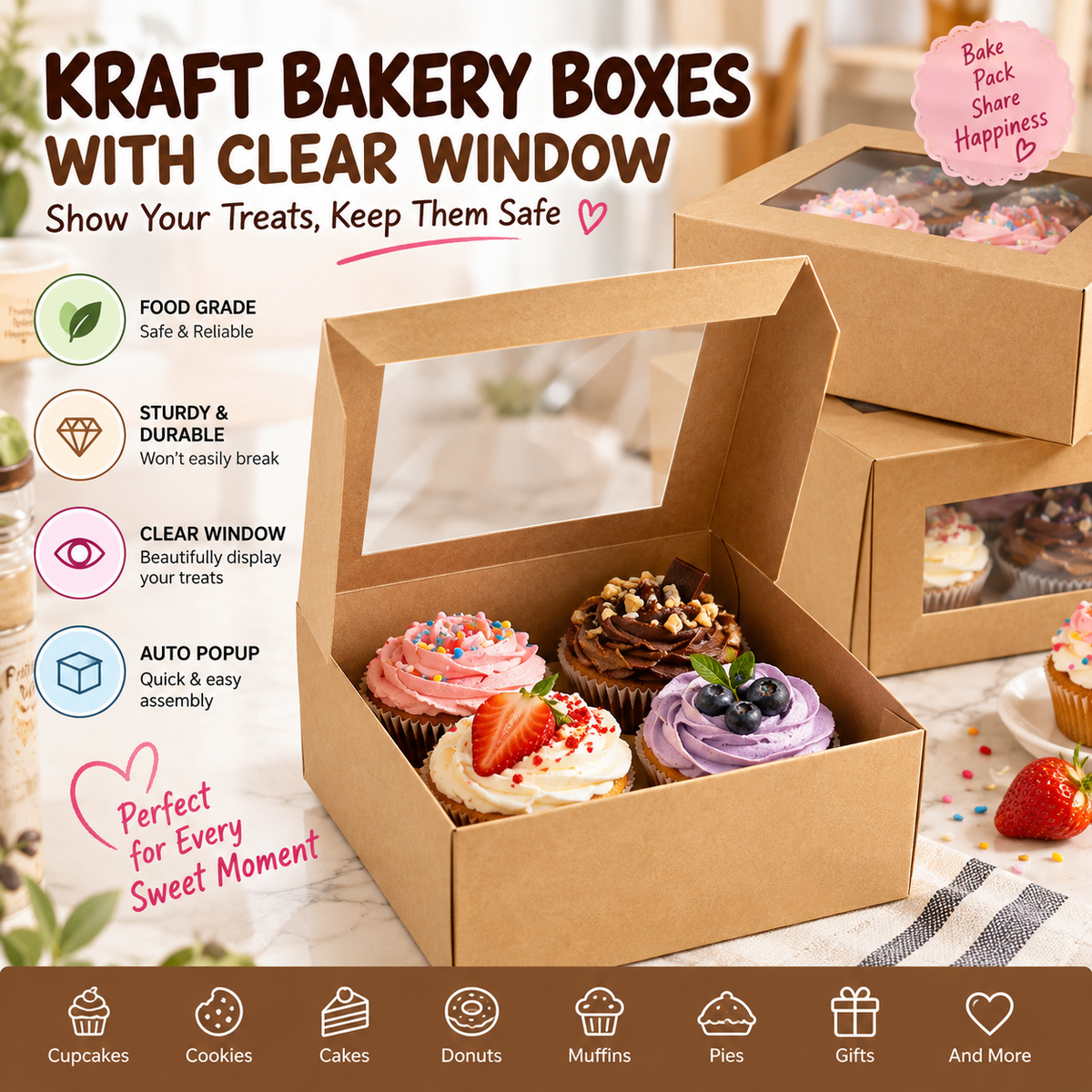 Kraft Cookie Boxes Auto Pop-Up Bakery Boxes with Window 8" x 8" x 2.5"