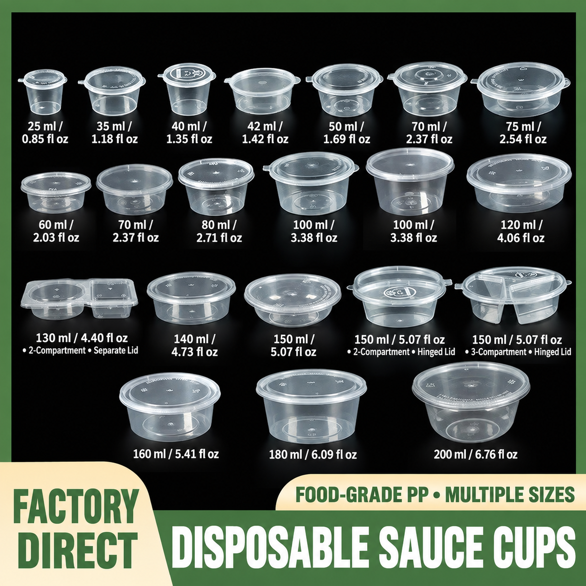 Disposable PP sauce cups size guide, 25–200 ml (0.85–6.76 fl oz)