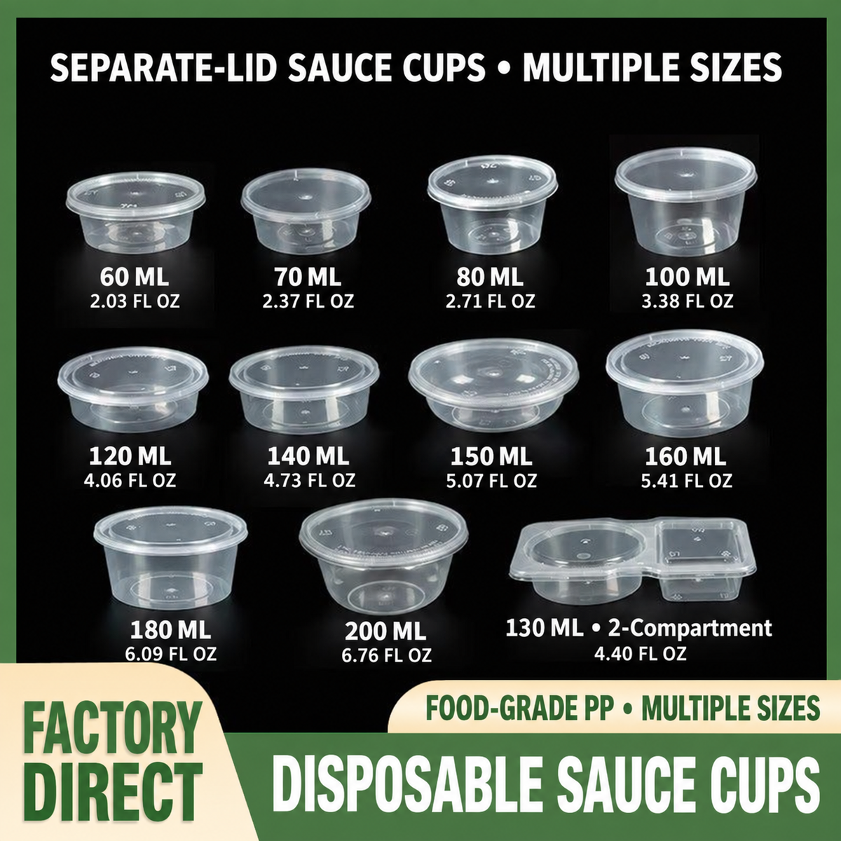 Separate-lid PP sauce cups in multiple sizes