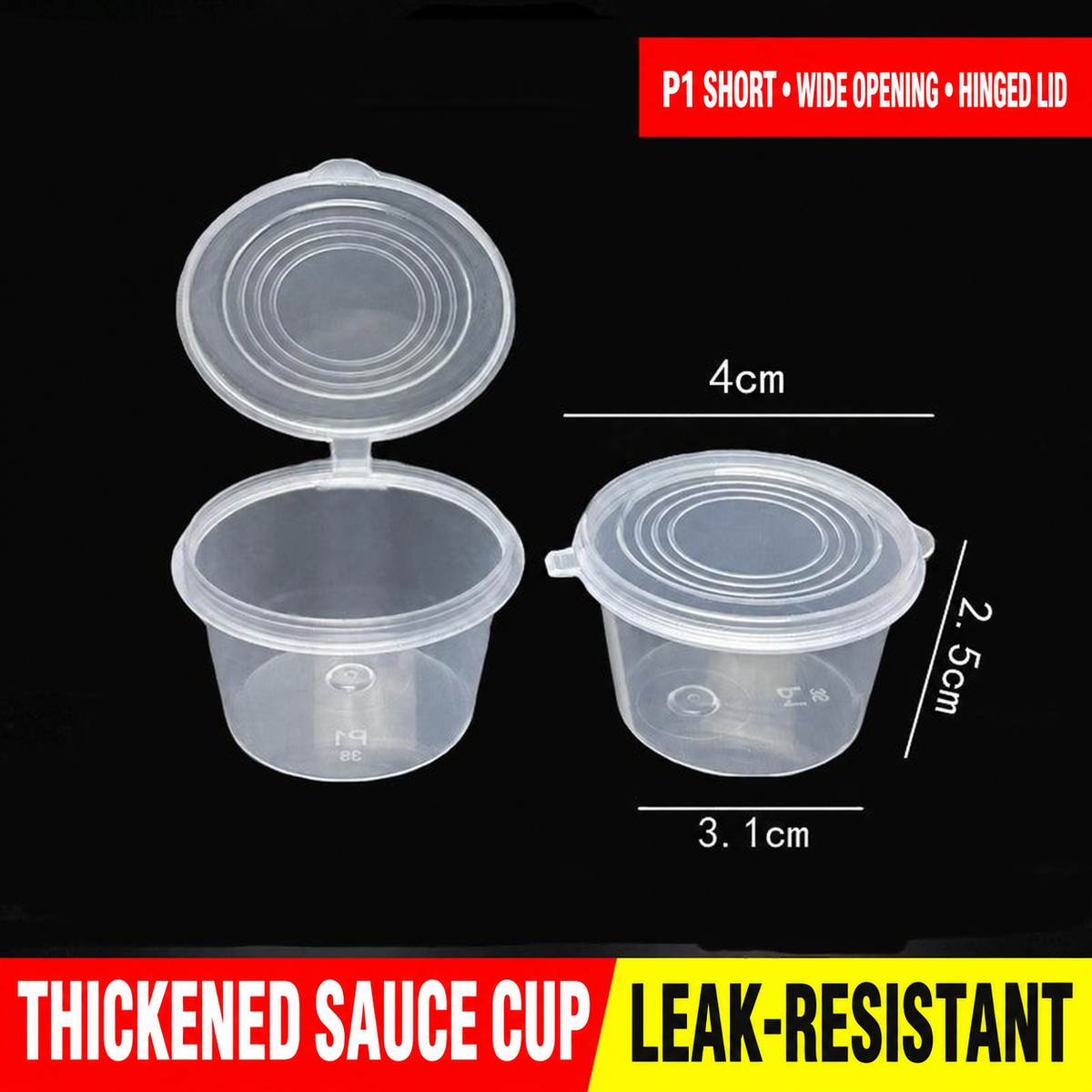 P1 short wide-opening hinged-lid sauce cup dimensions