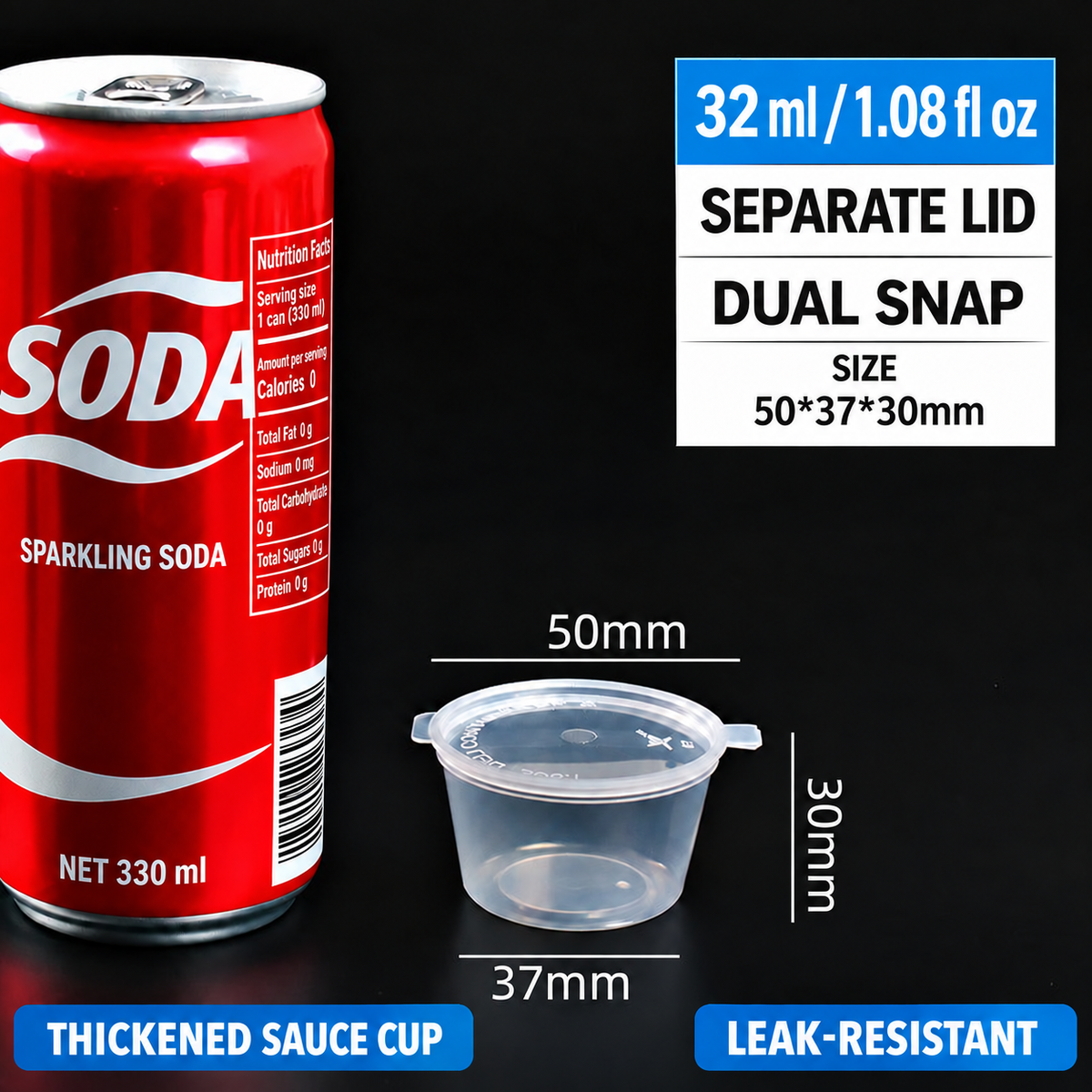 32 ml (1.08 fl oz) separate-lid dual-snap sauce cup dimensions