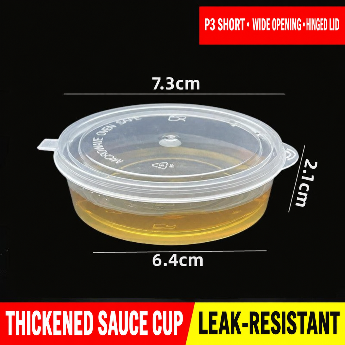 P3 short wide-opening hinged-lid sauce cup dimensions