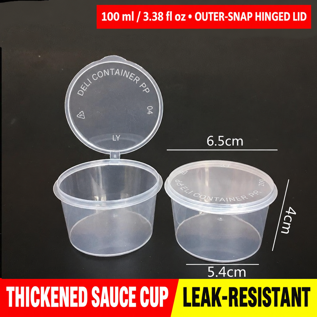100 ml (3.38 fl oz) outer-snap hinged-lid sauce cup dimensions