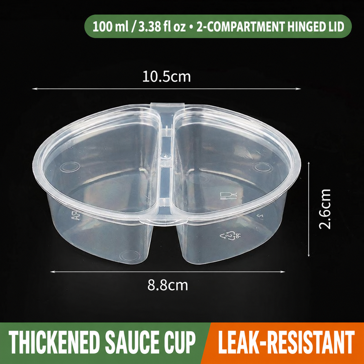 100 ml (3.38 fl oz) two-compartment hinged-lid sauce cup dimensions