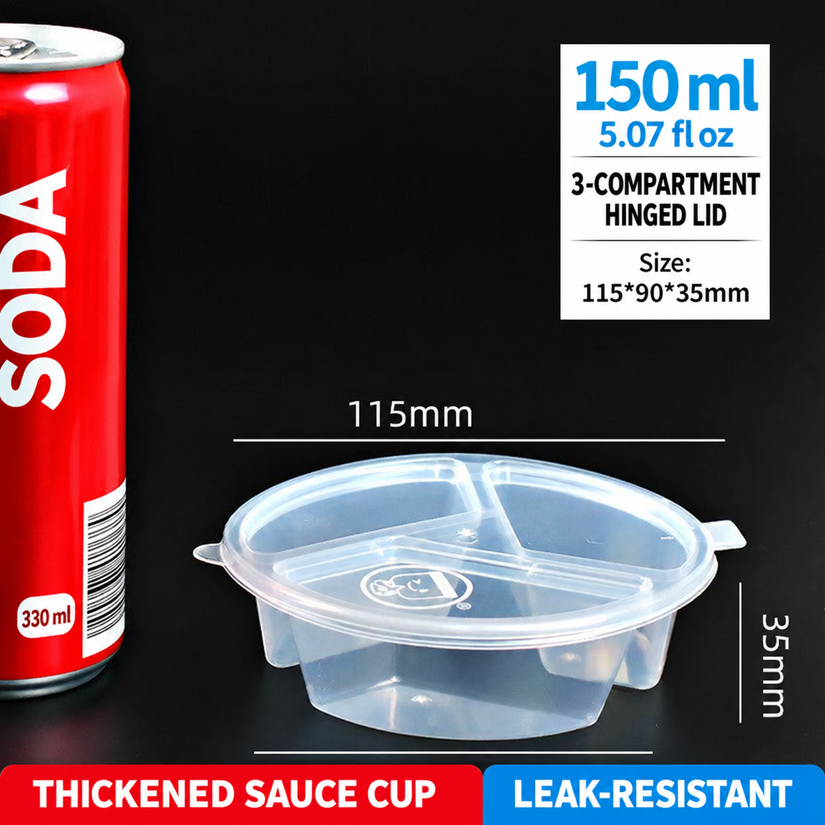 150 ml (5.07 fl oz) three-compartment hinged-lid sauce cup dimensions