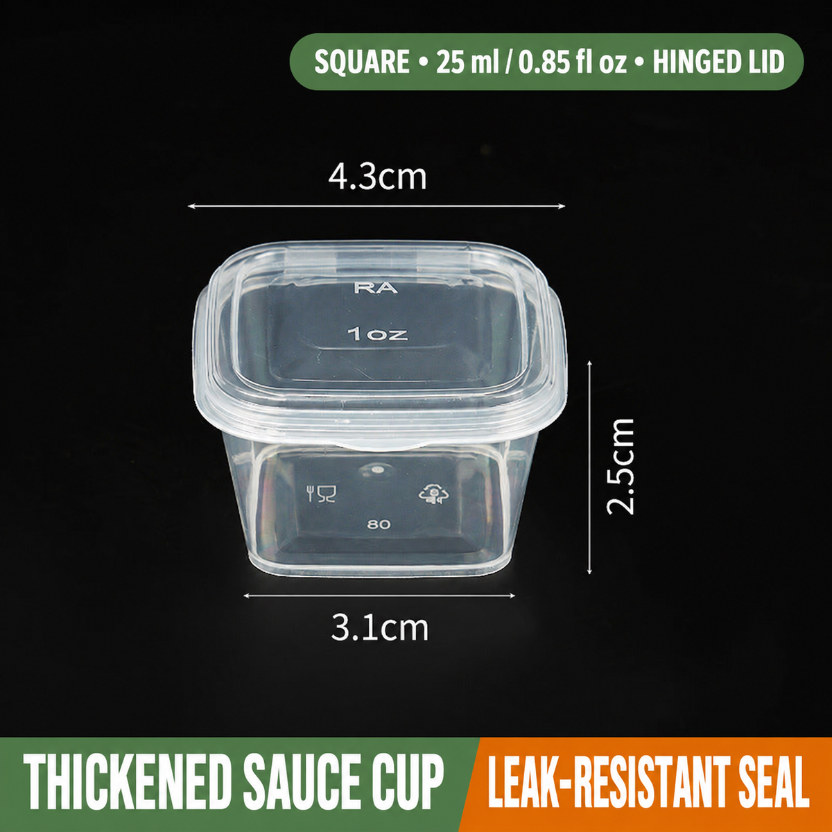 Square 25 ml (0.85 fl oz) hinged-lid sauce cup dimensions