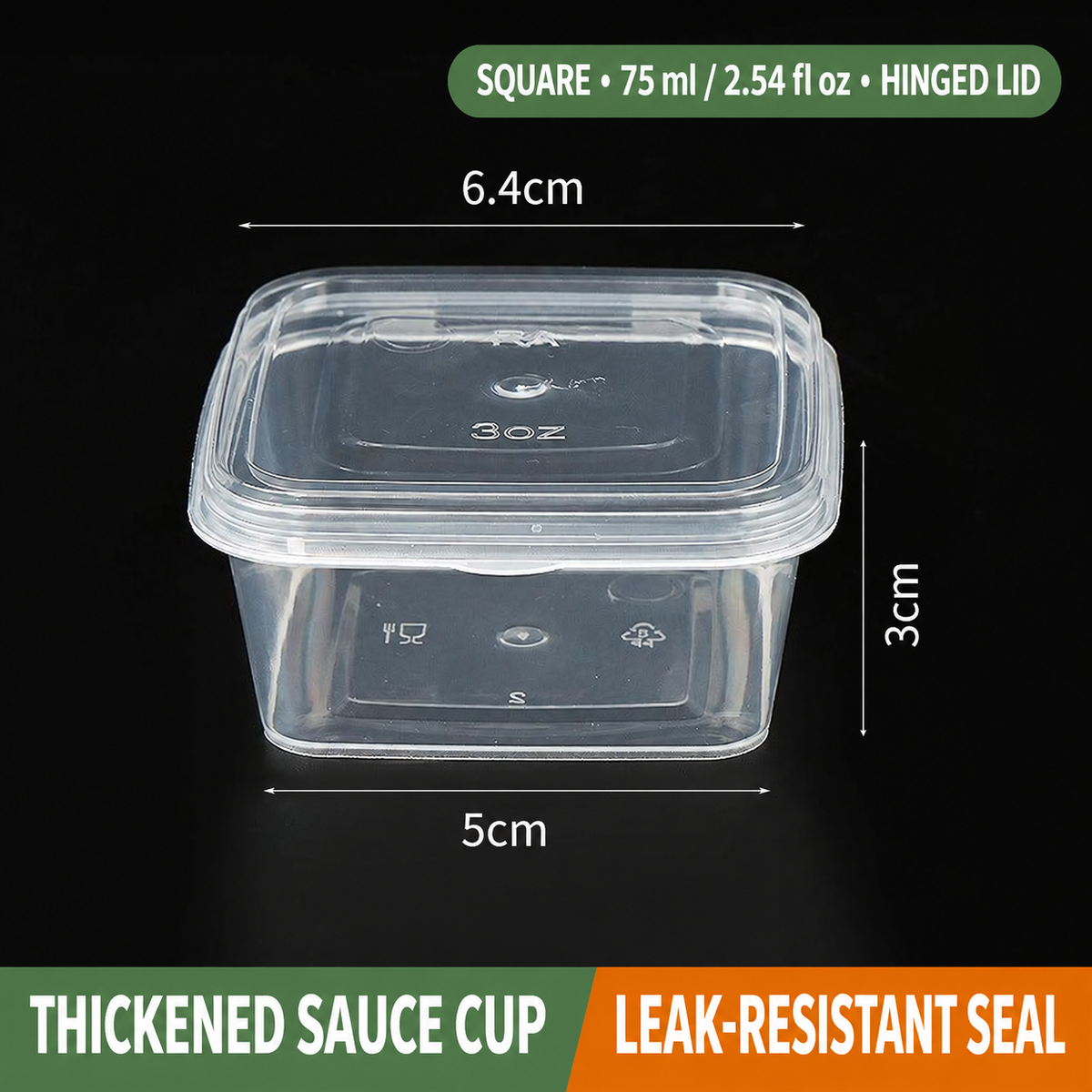 Square 75 ml (2.54 fl oz) hinged-lid sauce cup dimensions