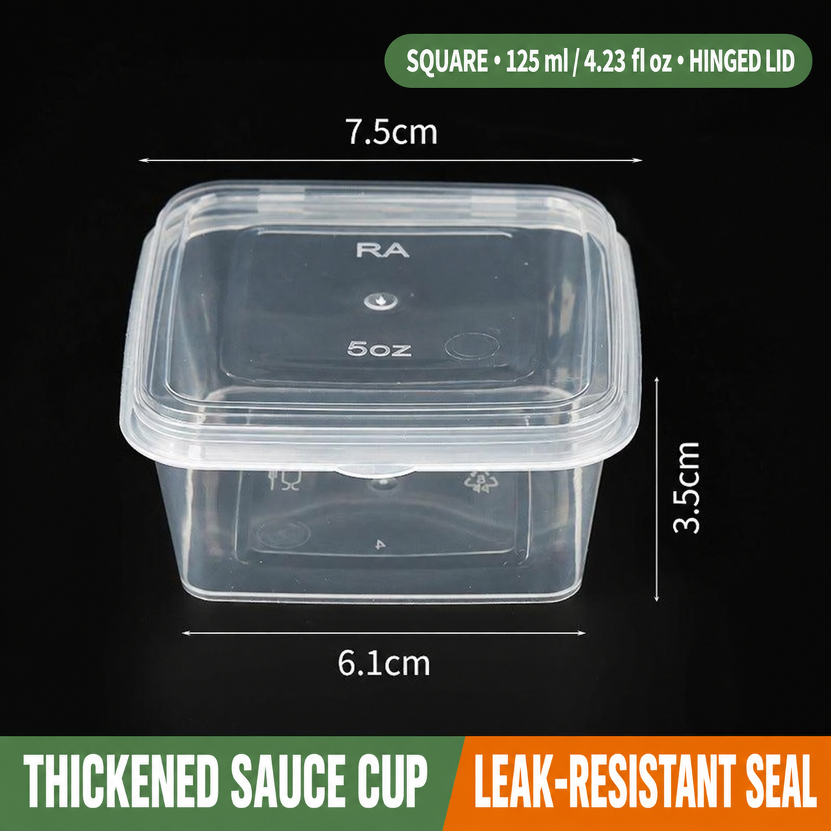 Square 125 ml (4.23 fl oz) hinged-lid sauce cup dimensions
