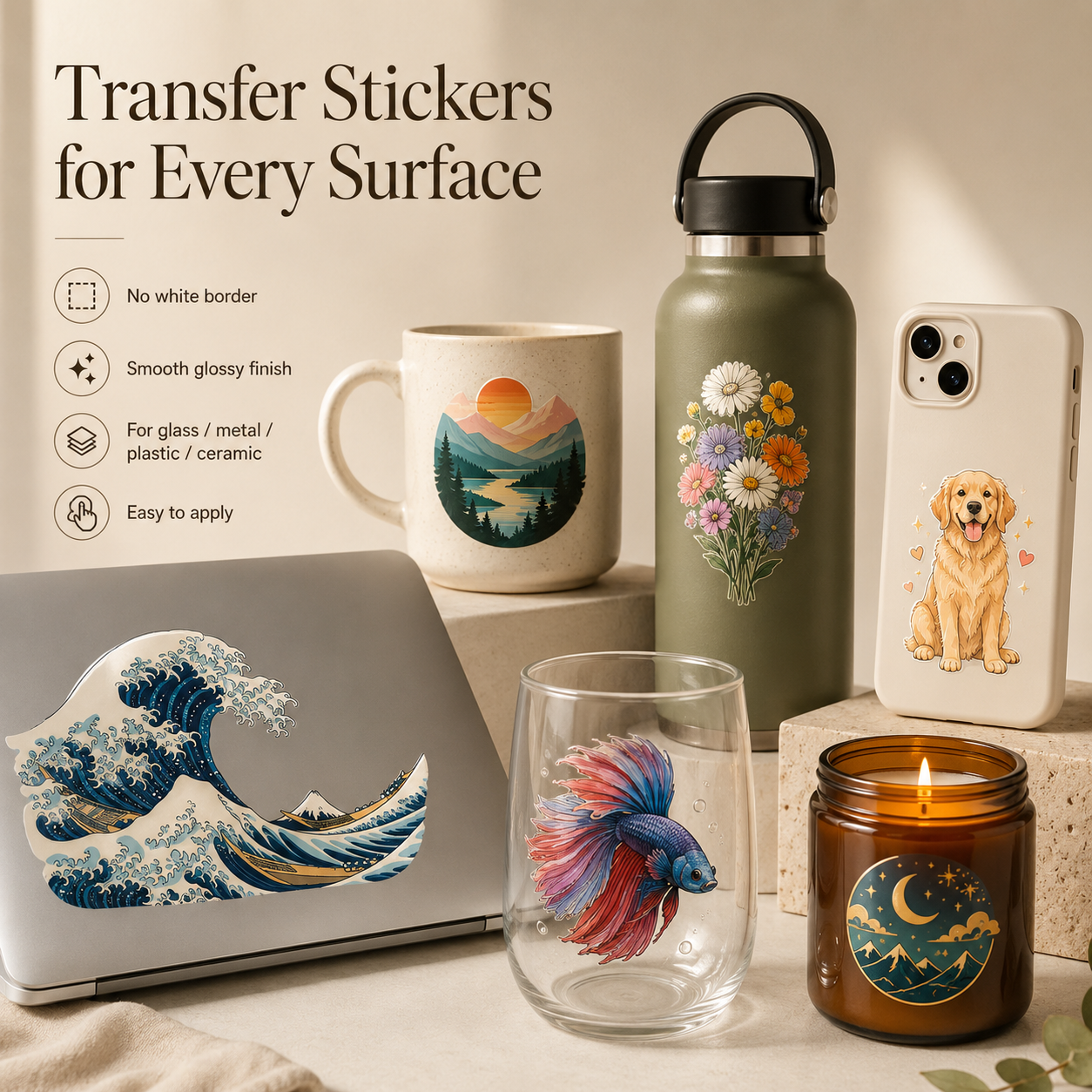 Custom UV DTF 3D Transfer Stickers for Glass and Hard Surfaces