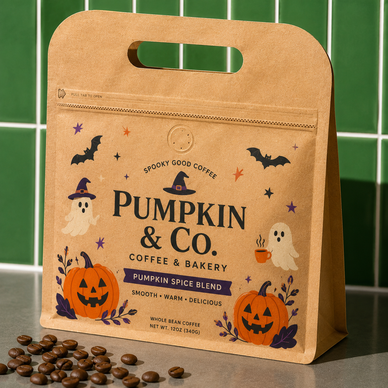 Custom Printed Kraft Coffee Bag with Die-Cut Handle