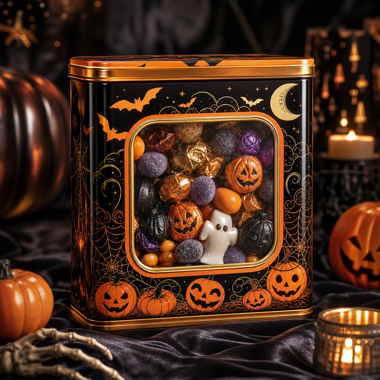 Custom Halloween candy tin with clear window