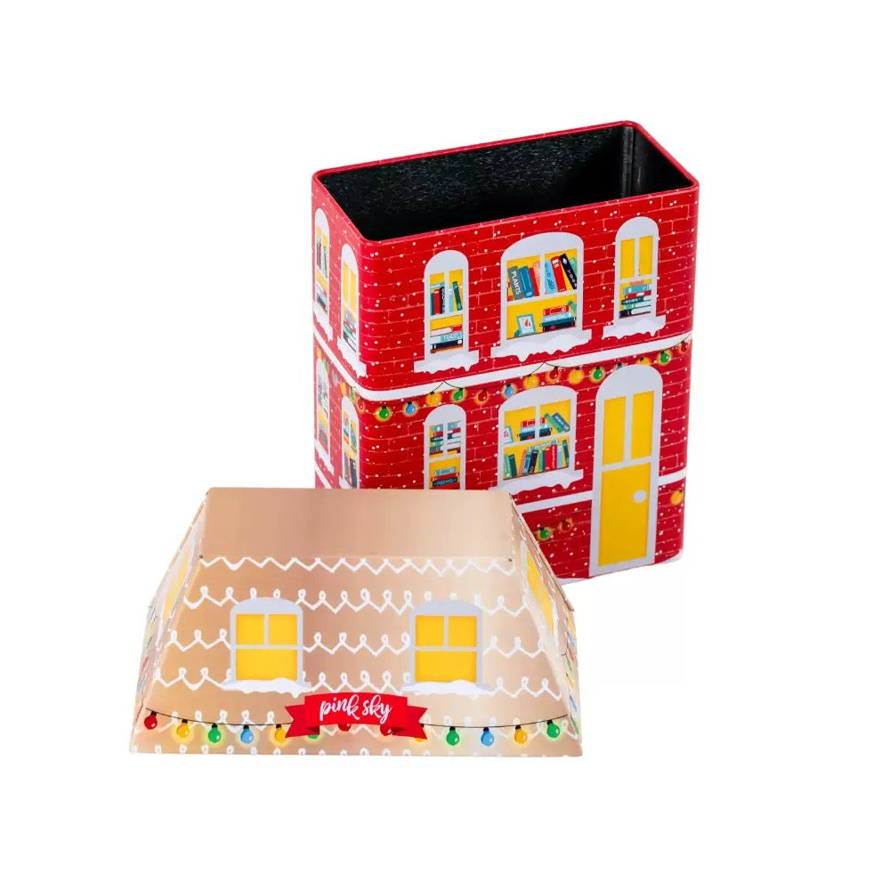 Custom holiday house tin with removable roof lid