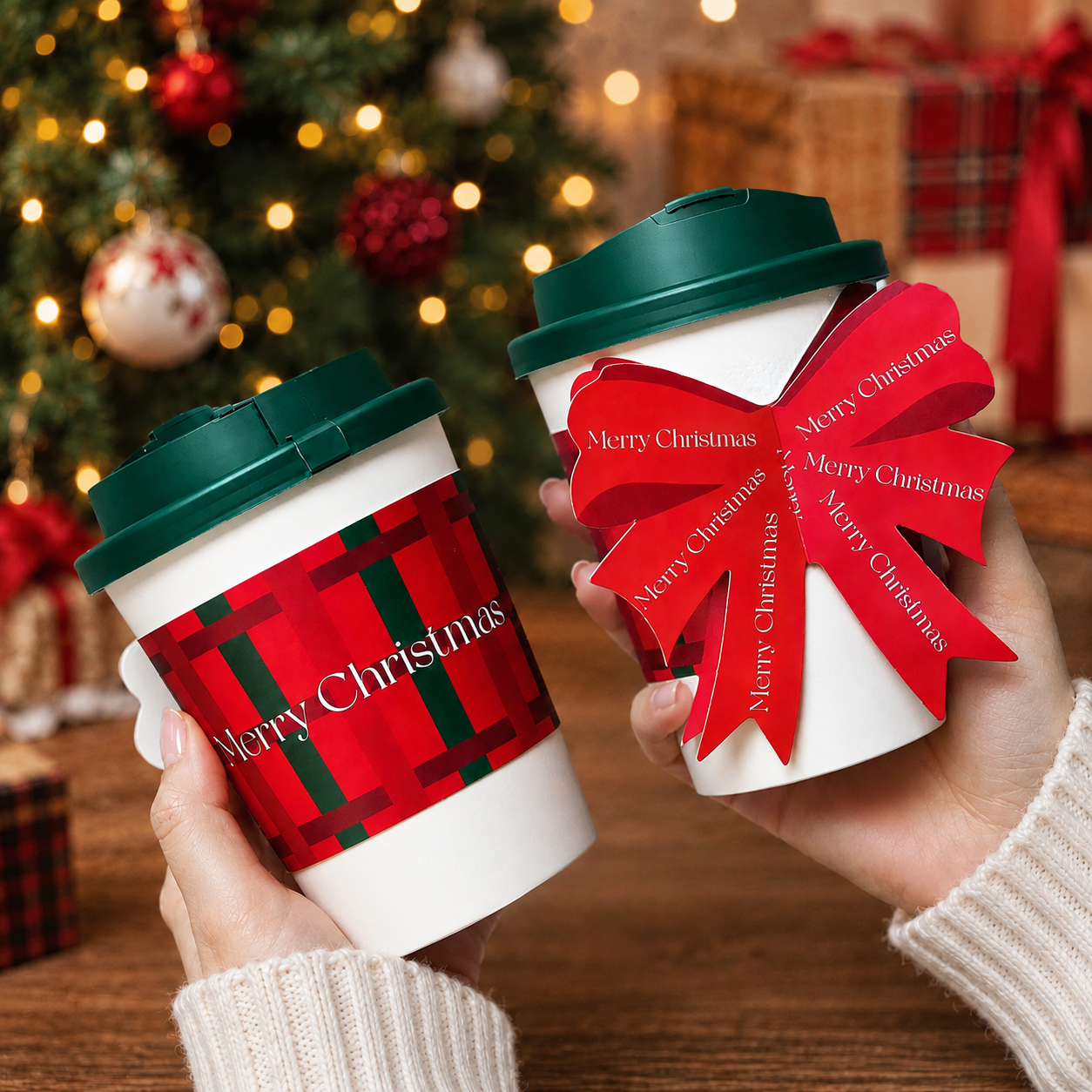 Christmas Paper Cup Set with Lids, Sleeves, Straws, Stickers & Cards