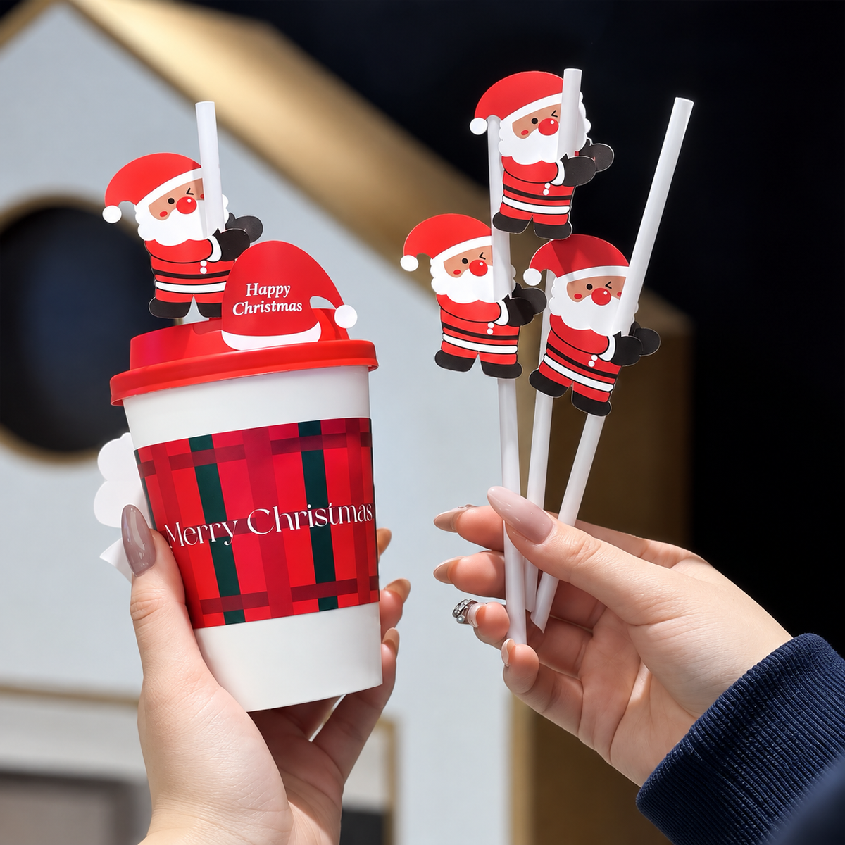 Christmas Paper Cup Set with Lids, Sleeves, Straws, Stickers & Cards