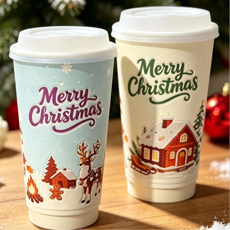 Two Christmas-themed paper coffee cups with white lids, displayed on a wooden surface with a blurred Christmas tree and ornaments in the background. One cup has a light blue background with purple 'Merry Christmas' text and winter illustrations, and the other has a cream background with green 'Merry Christmas' text and a red house illustration.