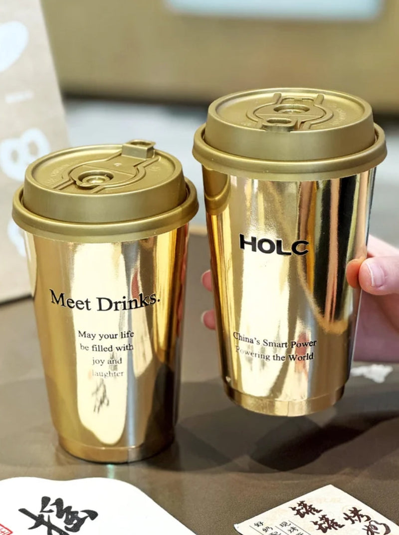Custom metallic gold paper coffee cups with matching gold lids