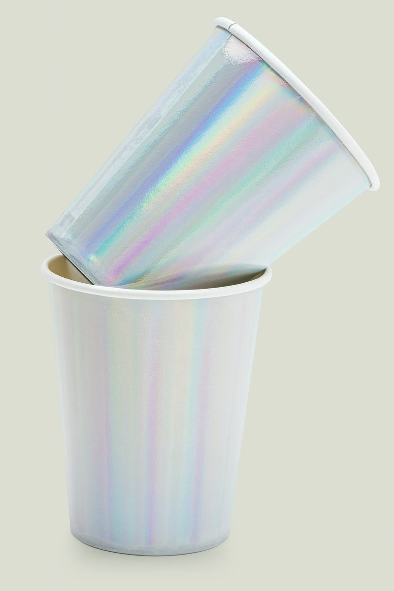 Custom holographic paper cups with an iridescent rainbow finish