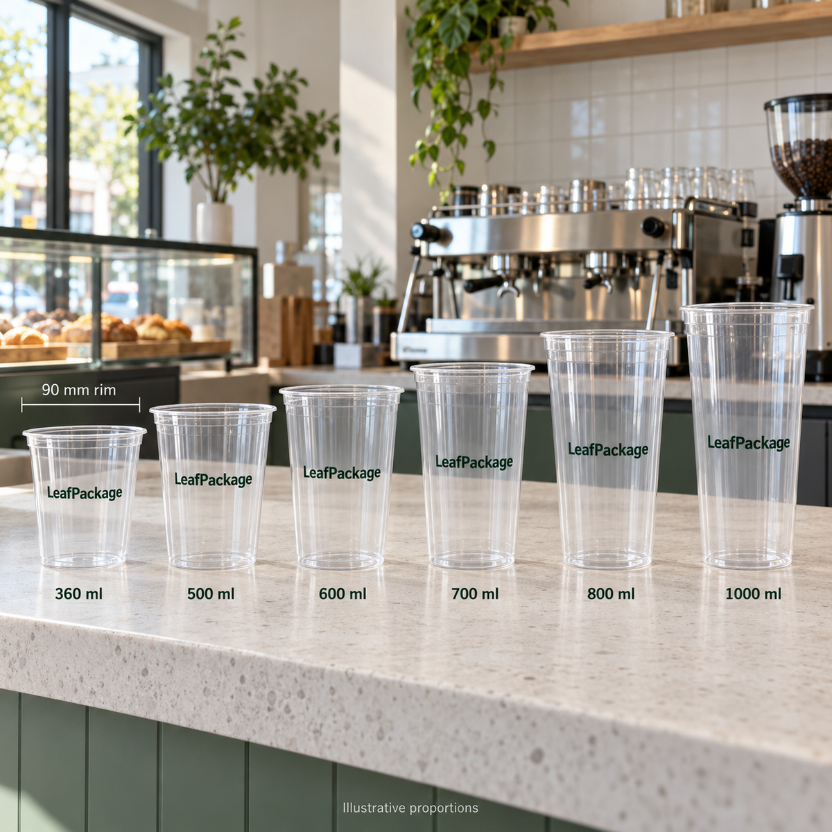 Custom Flat-Bottom PP Plastic Cups - 90mm: LeafPackage printed size range in a cafe (AI-generated illustration)
