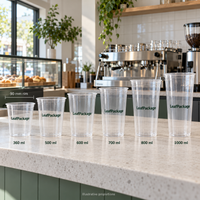 Custom Flat-Bottom PP Plastic Cups - 90mm: LeafPackage printed size range in a cafe (AI-generated illustration)