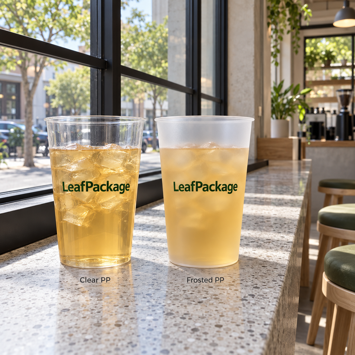Custom Flat-Bottom PP Plastic Cups - 90mm: LeafPackage printed PP finish detail in a cafe (AI-generated illustration)