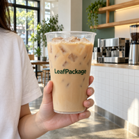 Custom Flat-Bottom PP Plastic Cups - 90mm: LeafPackage logo printing in a cafe (AI-generated illustration)