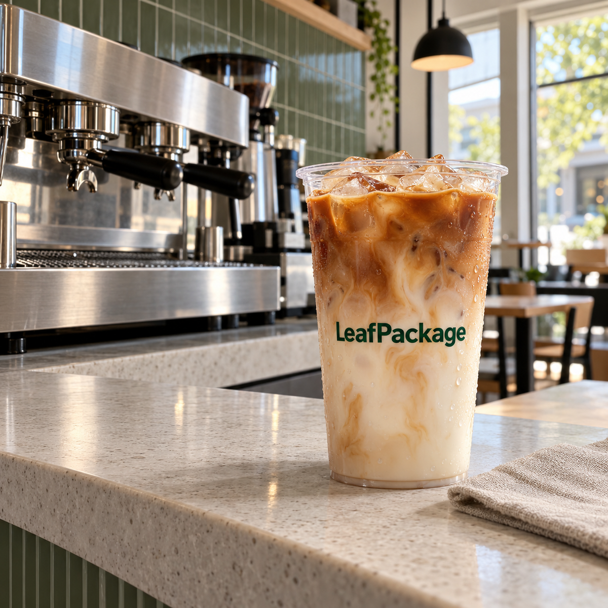 Custom Flat-Bottom PP Plastic Cups - 90mm: LeafPackage iced coffee serving scene (AI-generated illustration)
