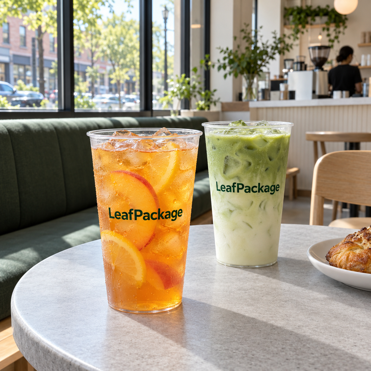Custom Flat-Bottom PP Plastic Cups - 90mm: LeafPackage cold drink lifestyle scene (AI-generated illustration)