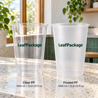Custom Wide-Mouth PP Plastic Cups - 119mm: LeafPackage printed size range in a cafe (AI-generated illustration)