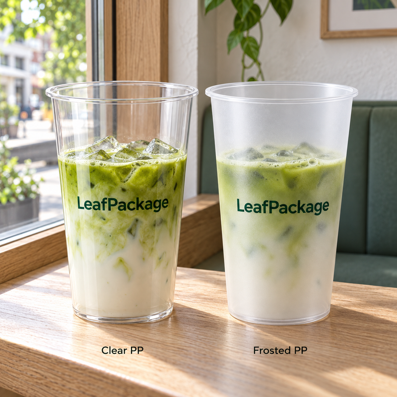 Custom Wide-Mouth PP Plastic Cups - 119mm: LeafPackage printed PP finish detail in a cafe (AI-generated illustration)