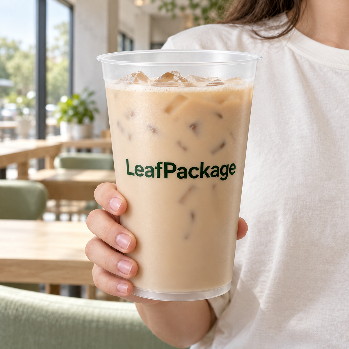 Custom Wide-Mouth PP Plastic Cups - 119mm: LeafPackage logo printing in a cafe (AI-generated illustration)