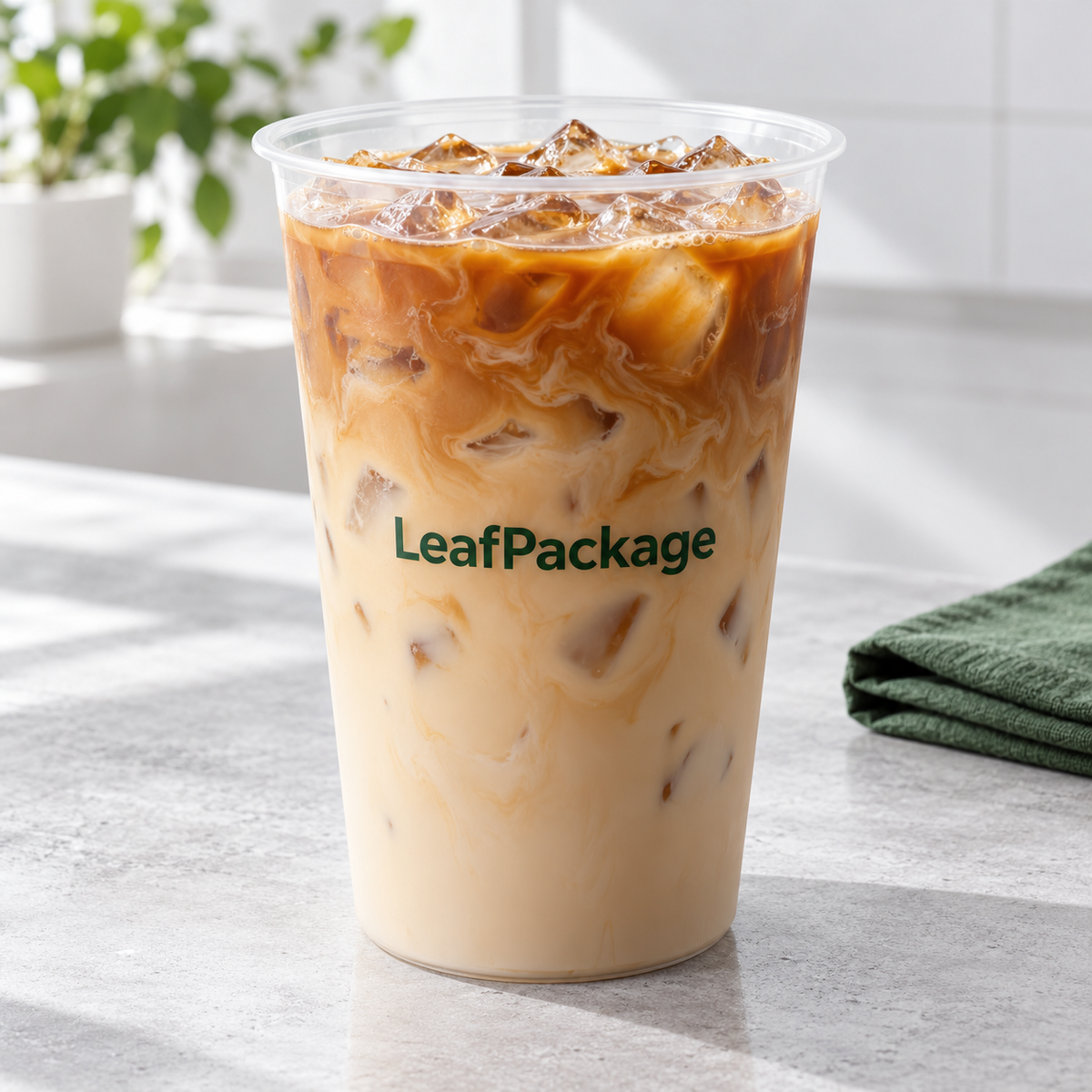 Custom Wide-Mouth PP Plastic Cups - 119mm: LeafPackage iced coffee serving scene (AI-generated illustration)