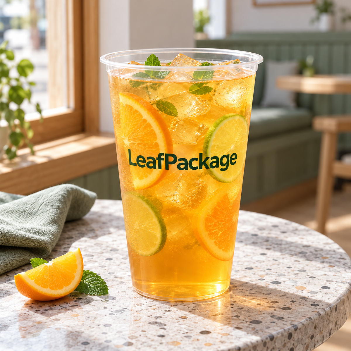 Custom Wide-Mouth PP Plastic Cups - 119mm: LeafPackage cold drink lifestyle scene (AI-generated illustration)