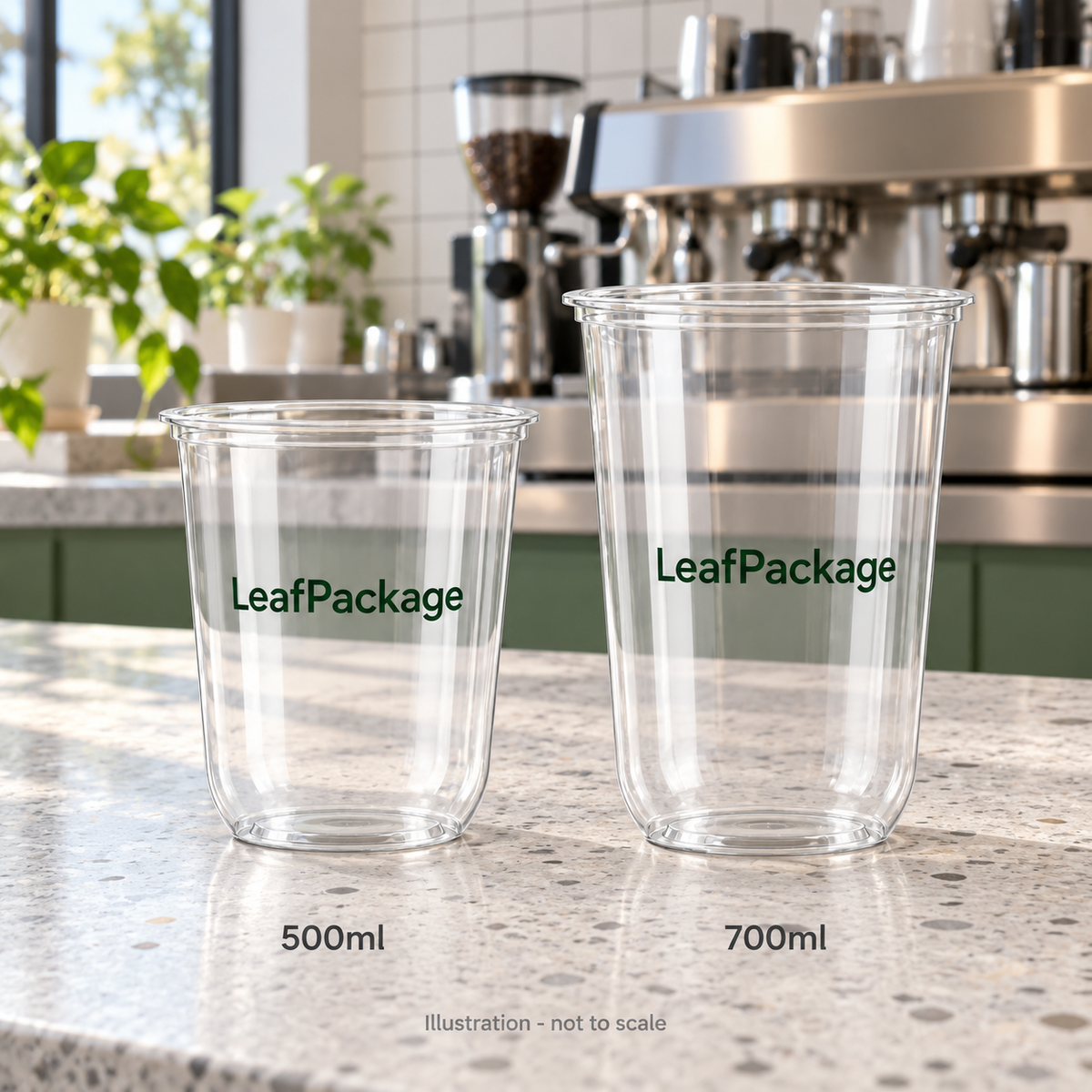 Custom U-Shaped PP Plastic Cups - 95mm: LeafPackage printed size range in a cafe (AI-generated illustration)