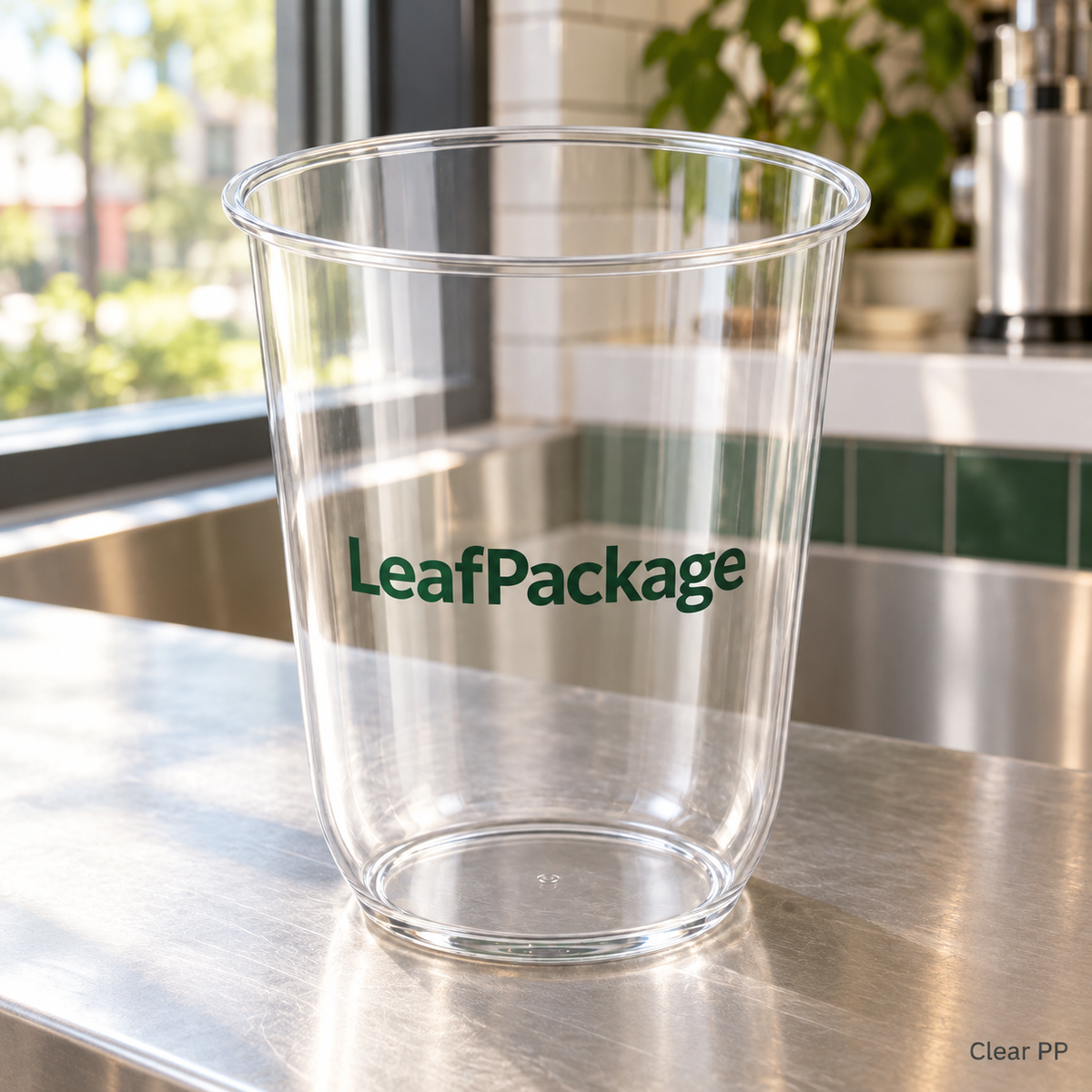 Custom U-Shaped PP Plastic Cups - 95mm: LeafPackage printed PP finish detail in a cafe (AI-generated illustration)